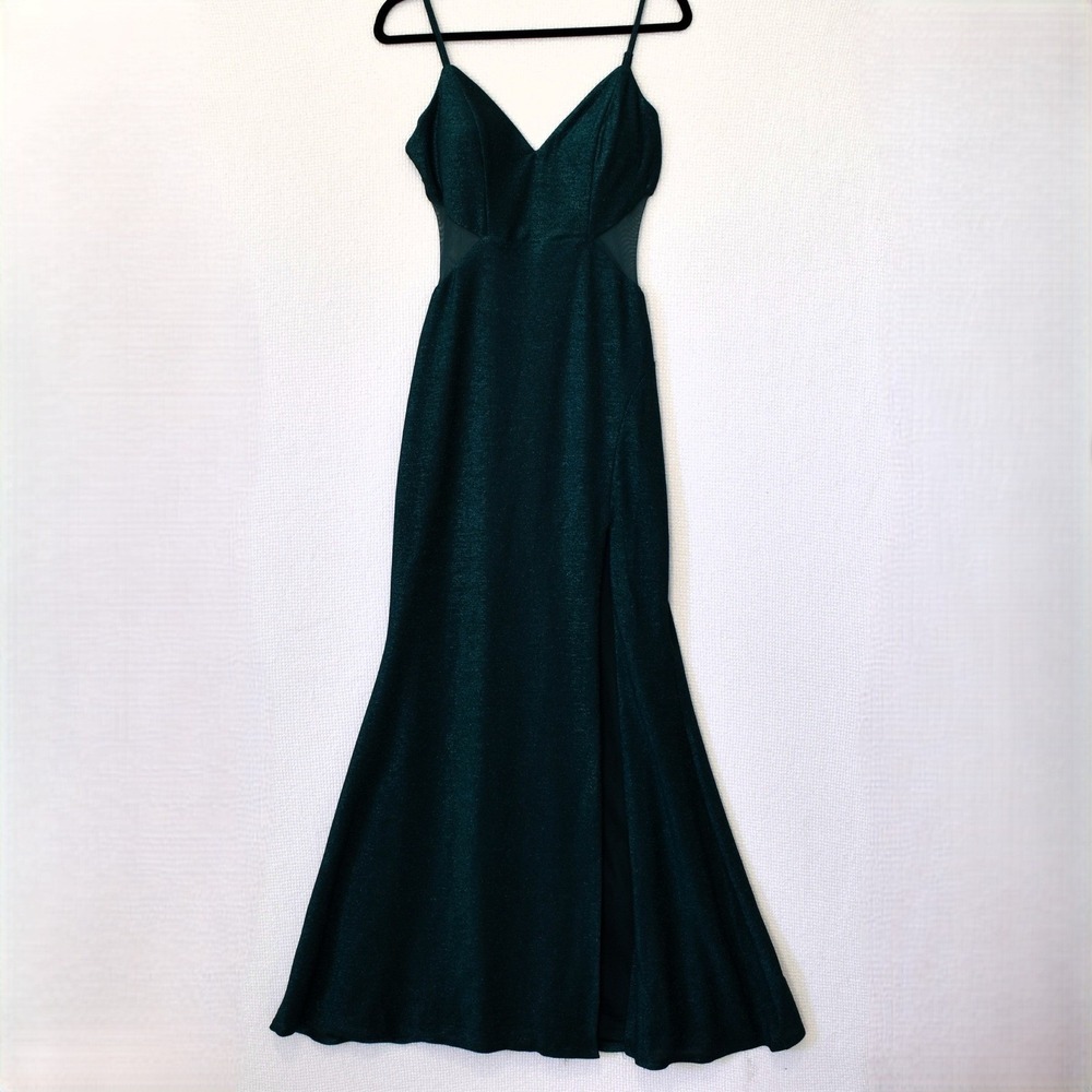 Trixxi Emerald Green Metallic Mesh Cutout Maxi Dress Gown Size 9 Prom Formal